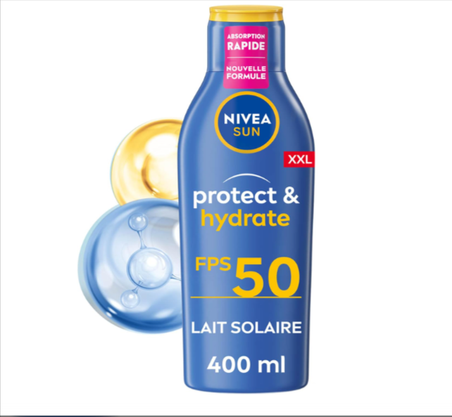 Lait solaire NIVEA SUN SPF 50+ Protect & Hydrate 400 ml, crème solaire visage et corps résistante à l’eau, protection UV haute performance et hydratation hyaluron vitamine C, 11,99€ Amazon