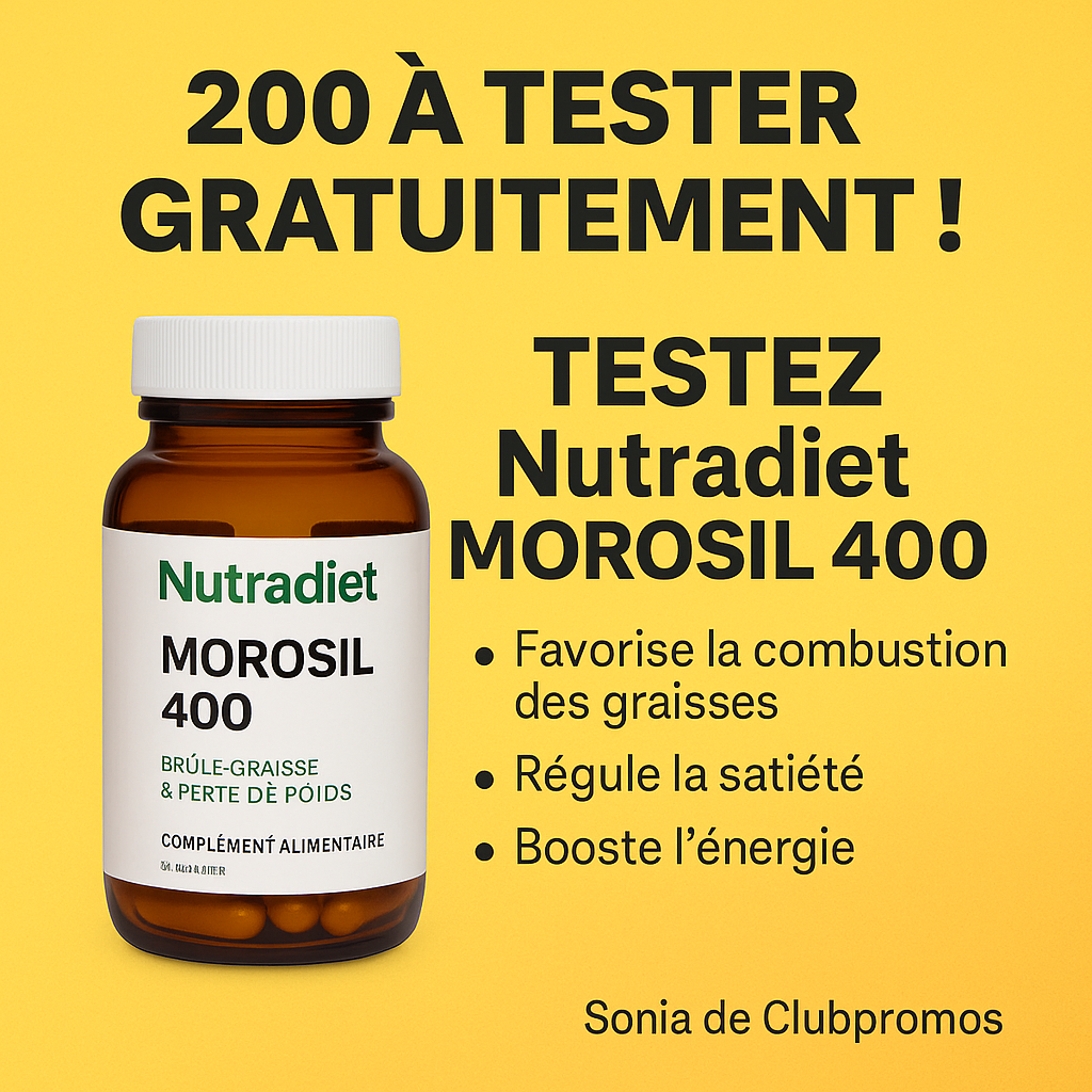 Visuel carré présentant le bon plan pour tester gratuitement Nutradiet Morosil 400 de NaturAvignon, complément alimentaire pour la perte de poids, dans le cadre d'une campagne Sampleo.