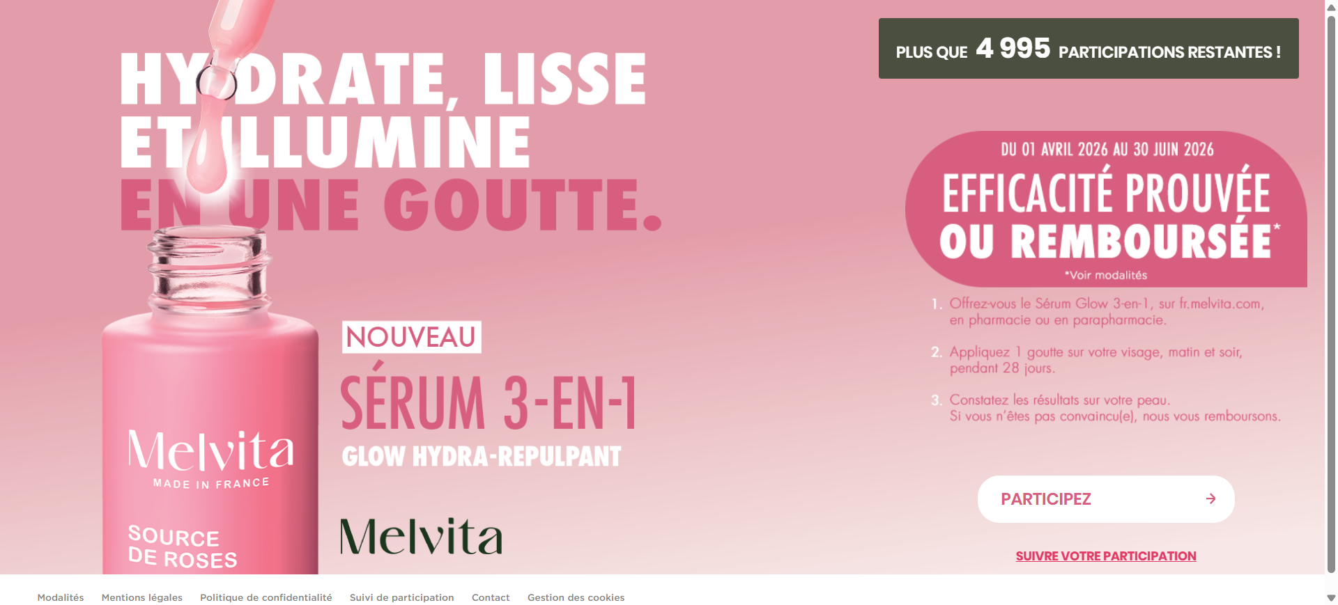 ODR Melvita sérum glow hydra repulpant bio offre satisfait ou remboursé remboursement total test 28 jours hydratation peau