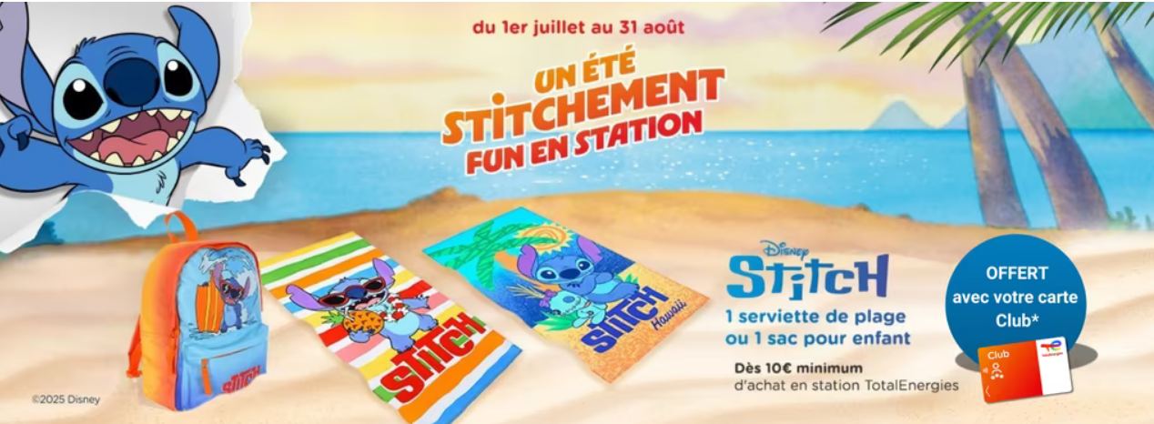 Serviette de plage et sac à dos enfant aux motifs Stitch de Disney offerts chez TotalEnergies pour 10€ d'achat, collection édition limitée été 2025