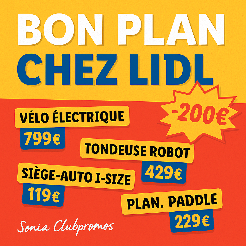 Exemples d'offres flash Lidl avec remises sur vélo électrique, tondeuse robot, cafetière Senseo, cuiseur à riz, et équipements maison en boutique en ligne Lidl