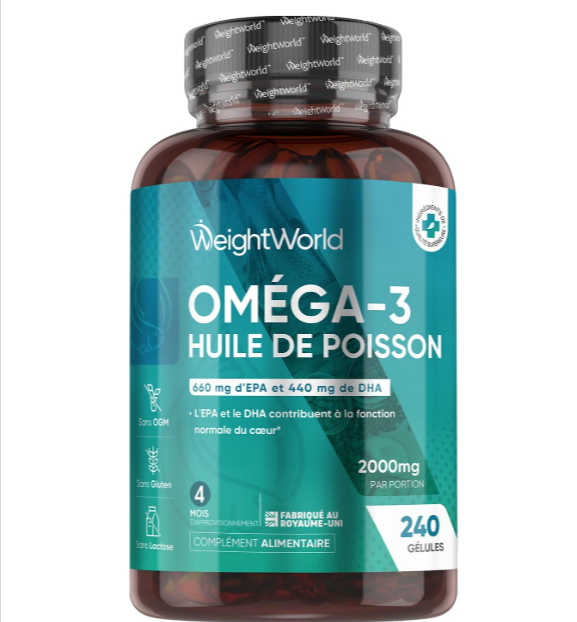Complément Oméga 3 – Huile de Poisson WeightWorld – 240 Gélules 2000mg, EPA 660mg, DHA 440mg, sans odeur, sans OGM, sans gluten – Cure de 4 mois