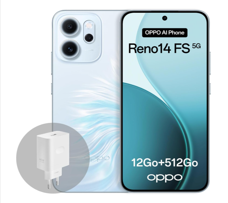 Smartphone OPPO Reno14 FS 5G – Écran 6,57 AMOLED 120 Hz, 12 Go RAM, 512 Go, triple caméra AI 50+8+2 MP, selfie 32 MP AF, batterie 6000 mAh, charge 45 W SUPERVOOC, ColorOS Android 15, Luminous Green, IP69 annoncé