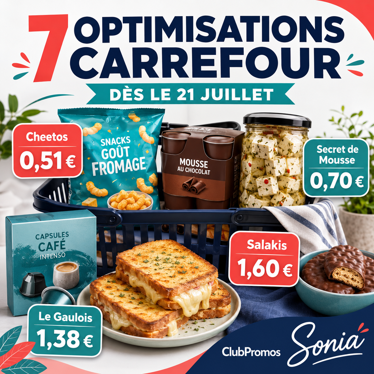 isuel ClubPromos annonçant 7 optimisations Carrefour dès le 21 juillet 2026, avec Cheetos à 0,51 €, Secret de Mousse à 0,70 €, Le Gaulois Végétal à 1,38 € et Salakis à 1,60 €.