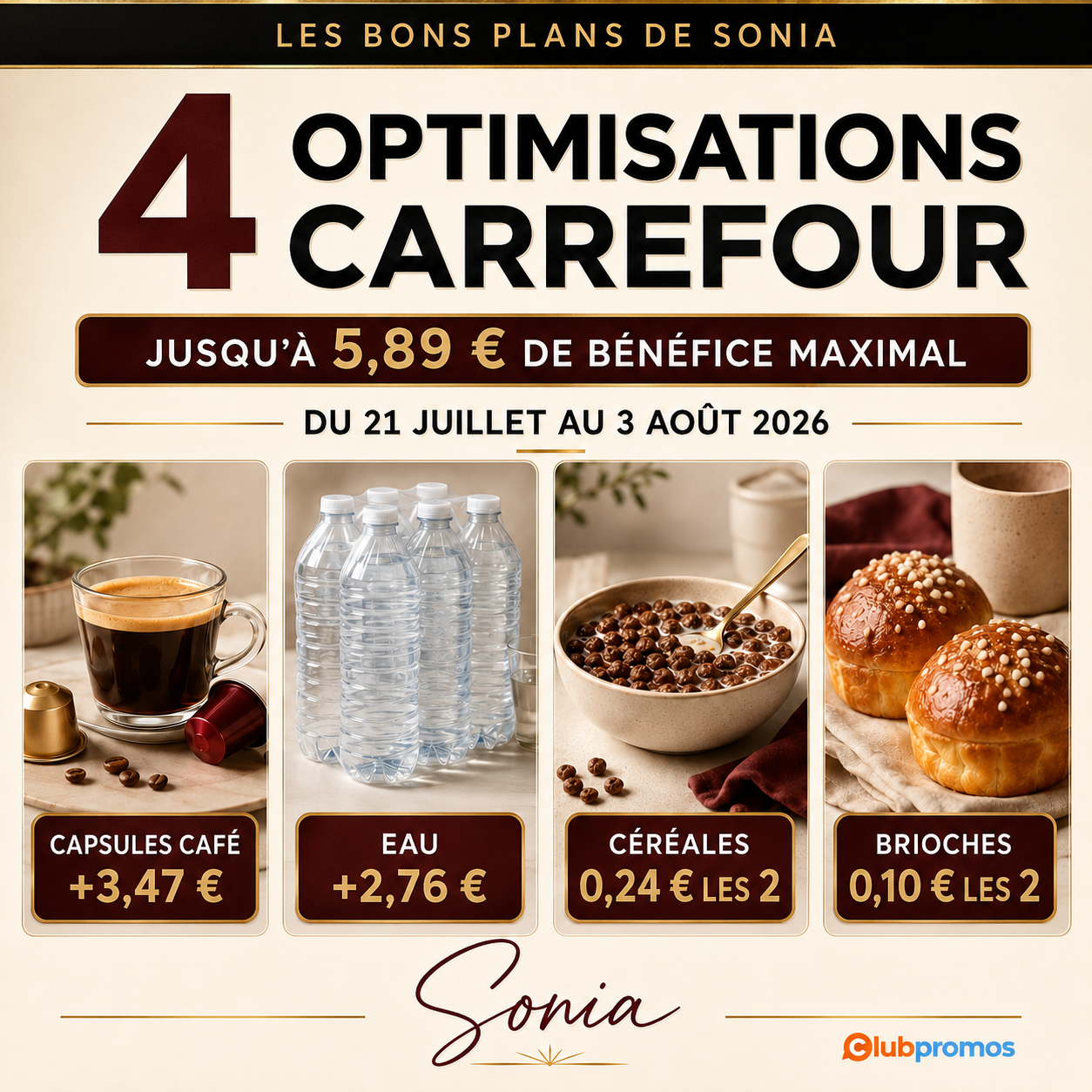 Visuel des 4 optimisations Carrefour de Sonia avec capsules de café, eau, céréales et brioches, jusqu’à 5,89 € de bénéfice.