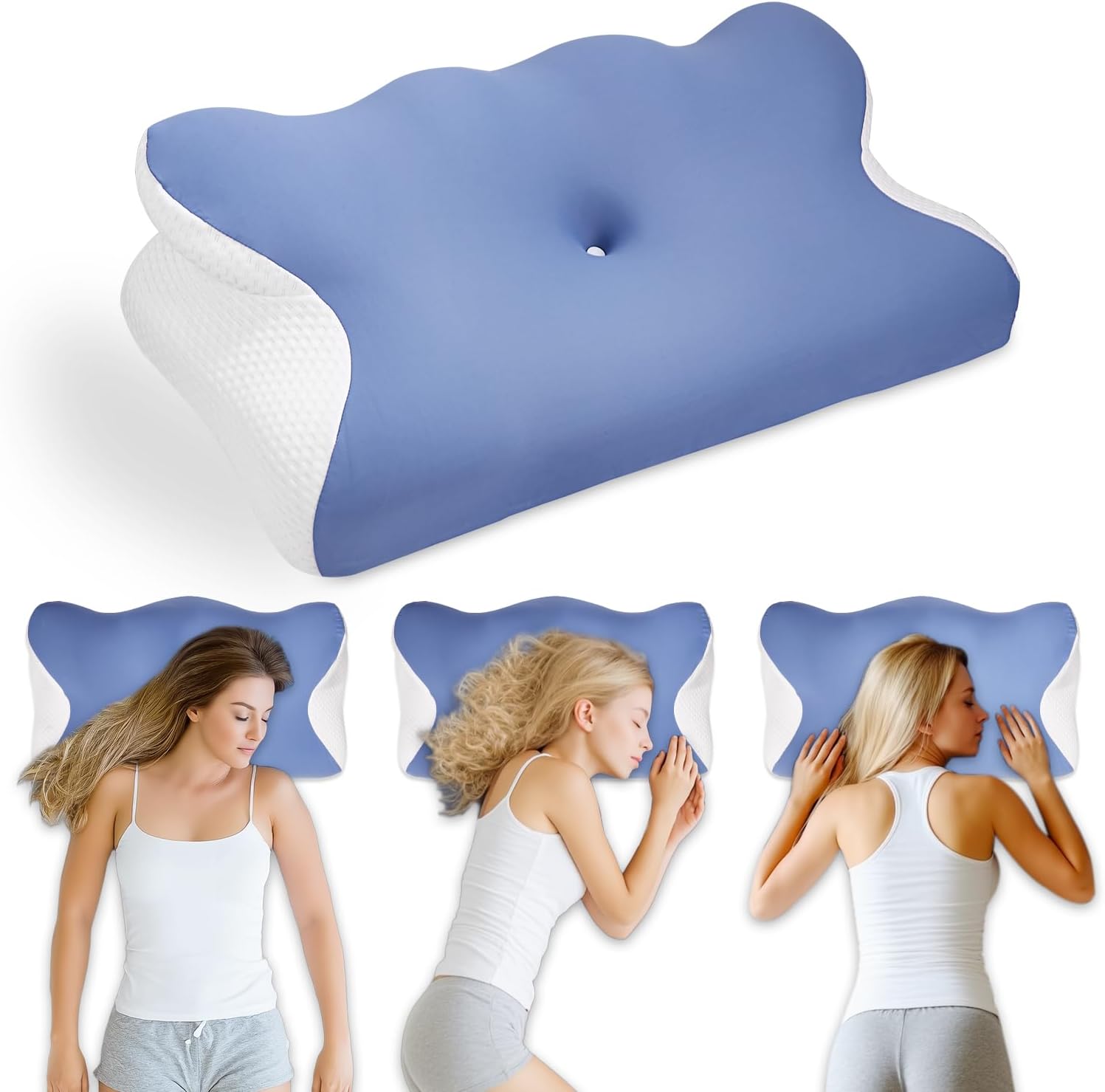 Oreiller ergonomique cervical Syvory en mousse à mémoire de forme bleu clair, photographié de profil pour mettre en avant la forme papillon et le soutien de la nuque, bon plan Amazon à 18,99€ pour soulager les douleurs cervicales et améliorer la qualité du sommeil.