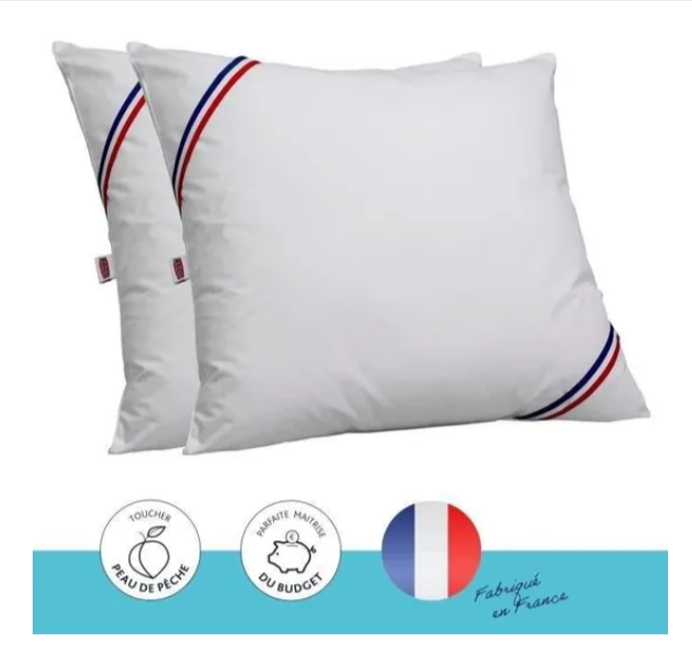  Lot de 2 oreillers DODO Tendance 60x60 cm blancs, fabrication française, garnissage fibre creuse siliconée, confort médium, certifiés OEKO-TEX – Cdiscount