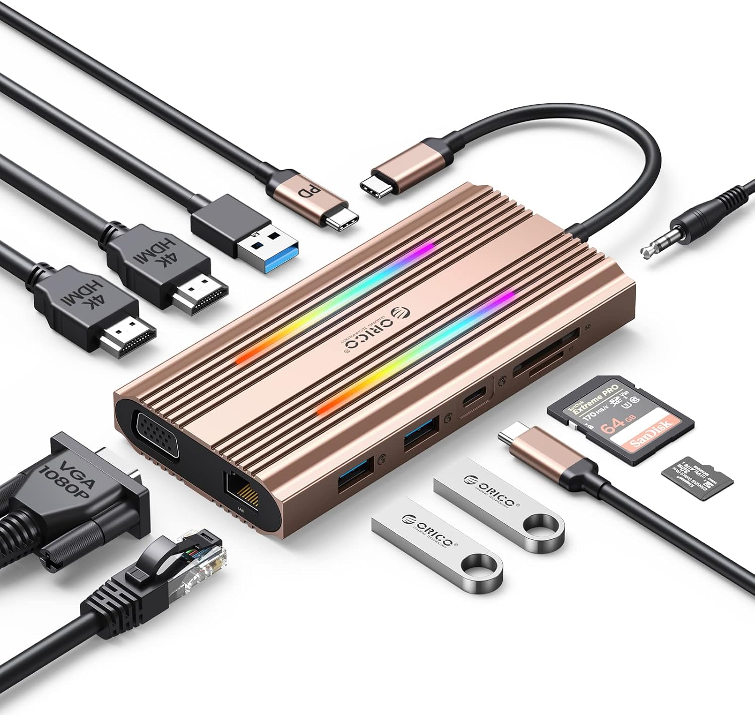  Hub USB-C ORICO 12-en-1 avec double HDMI 4K, Power Delivery 100W, Ethernet, RGB 14 modes, bon plan Amazon