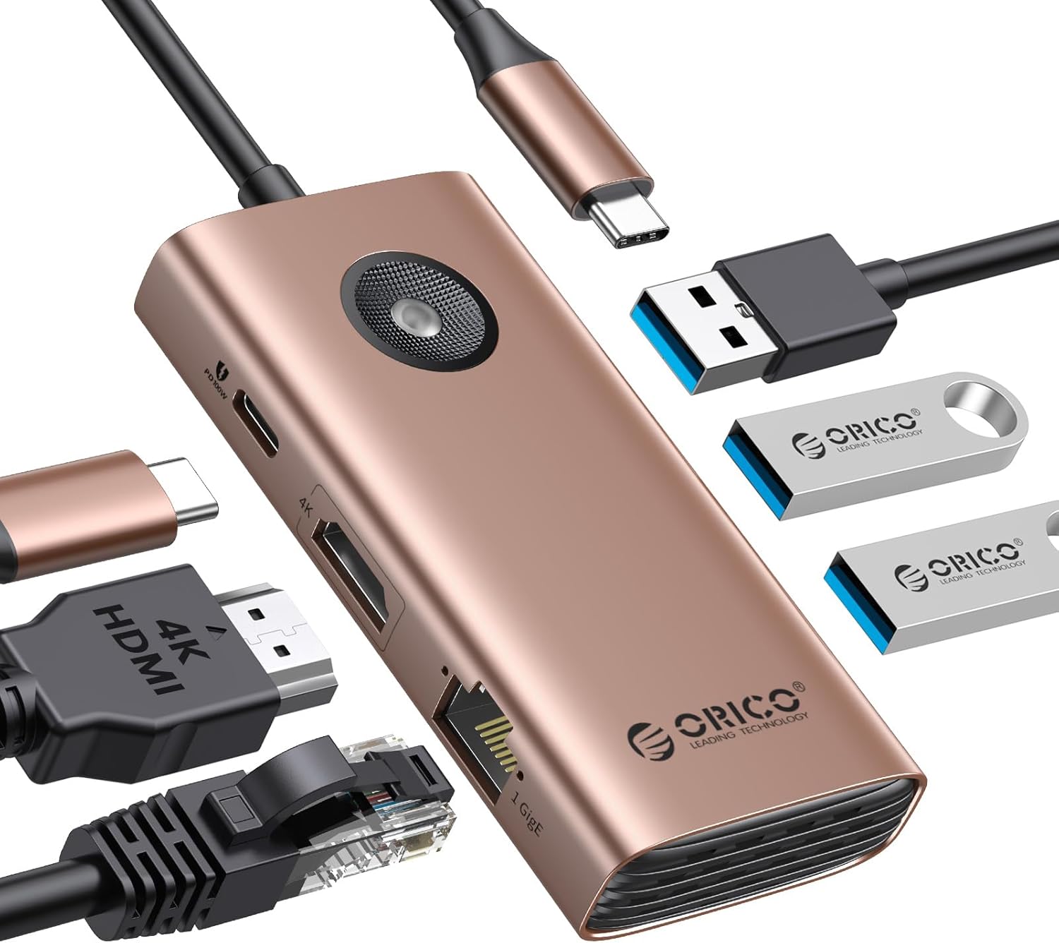 Hub USB-C 6-en-1 ORICO avec HDMI 4K, 3 ports USB 3.0, Ethernet Gigabit, PD 100W – idéal pour MacBook, PC portable ou tablette Android