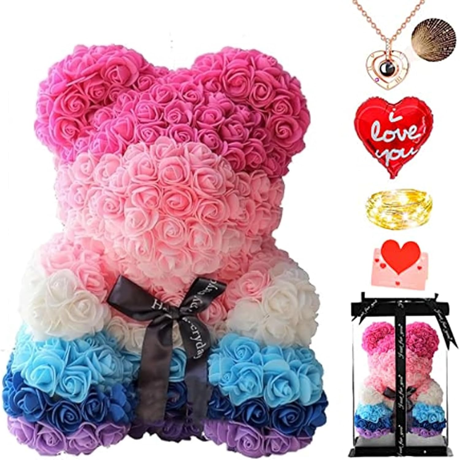 Ours rose xixi-home en fleurs artificielles avec guirlande LED 2 m, collier “I love you” et boîte transparente, coloris macaron, idée cadeau romantique Saint-Valentin anniversaire Fête des Mères, bon plan Amazon 13,99€