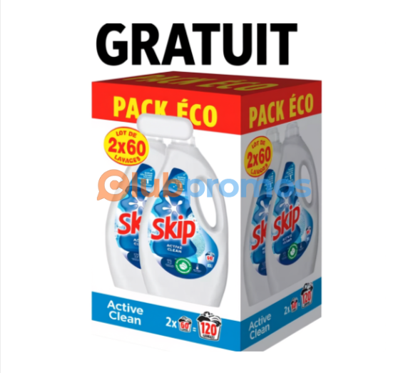 OFFRE CARREFOUR - Pack de 2 bidons Skip (2x60 lavages) GRATUIT après remboursement sur votre Carte de Fidélité. Lessive offerte !