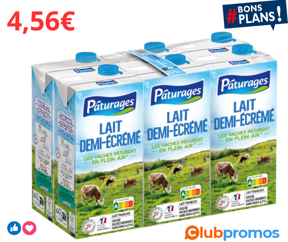 Pack de 6 bricks de lait demi-écrémé Pâturages - 6x1L .png