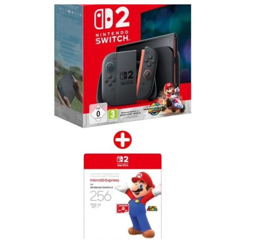 Pack Nintendo Switch 2 avec Mario Kart World en code de téléchargement et carte microSD Express 256 Go, bon plan Cdiscount avec code promo NINTENDO20, promotion console de jeux vidéo familiale dernière génération à prix réduit.