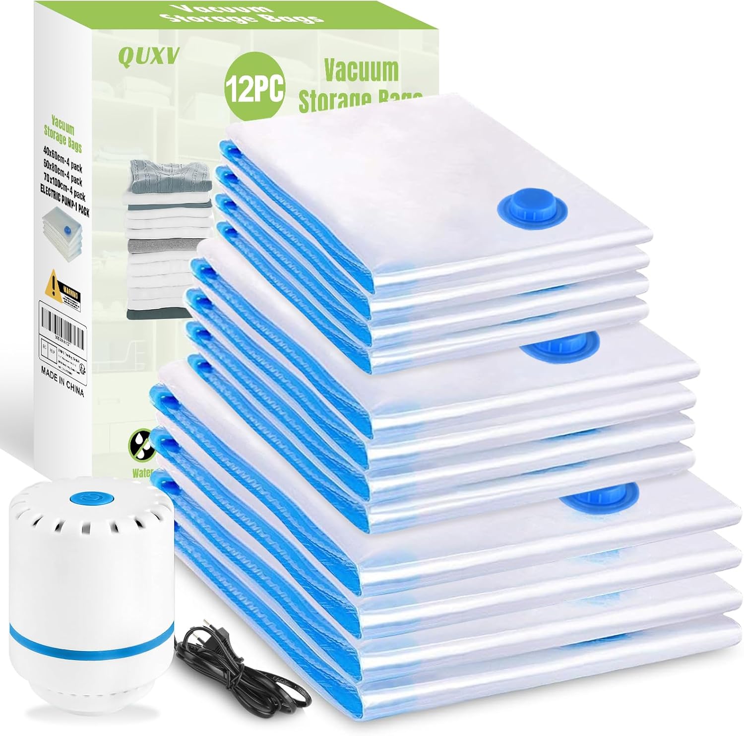 Pack de 12 sacs sous vide avec pompe électrique, idéal pour le rangement de vêtements, couettes et serviettes – bon plan Amazon