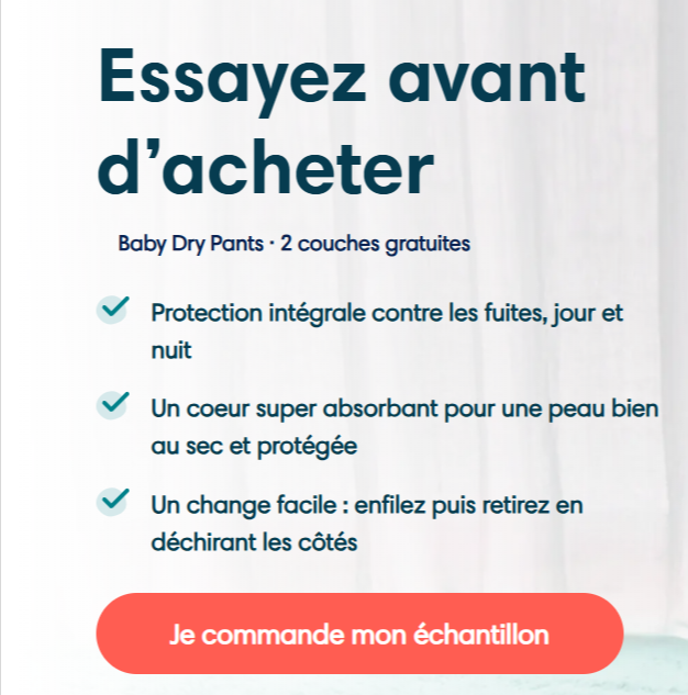 Échantillon gratuit Pampers Baby Dry Pants Taille 4 – couches-culottes Pampers offertes à tester, protection anti-fuites 12h, cœur absorbant, livraison gratuite