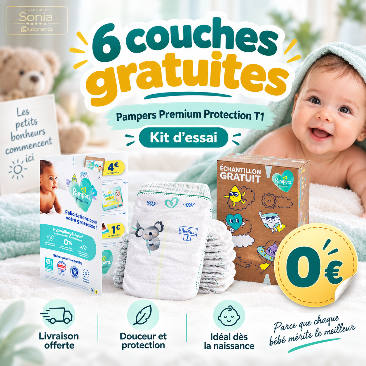 6 couches Pampers Premium Protection Taille 1 gratuites avec livraison à domicile offerte