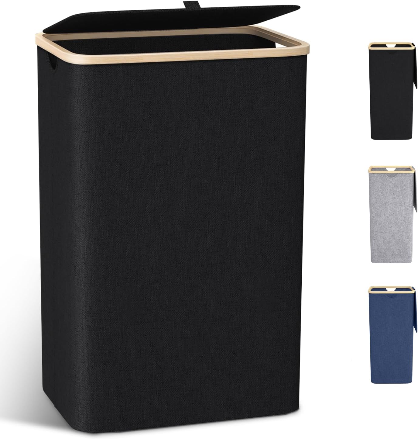 Panier à linge 100L en bambou et tissu Oxford noir, pliable, avec couvercle et sac amovible, grande capacité, design moderne.