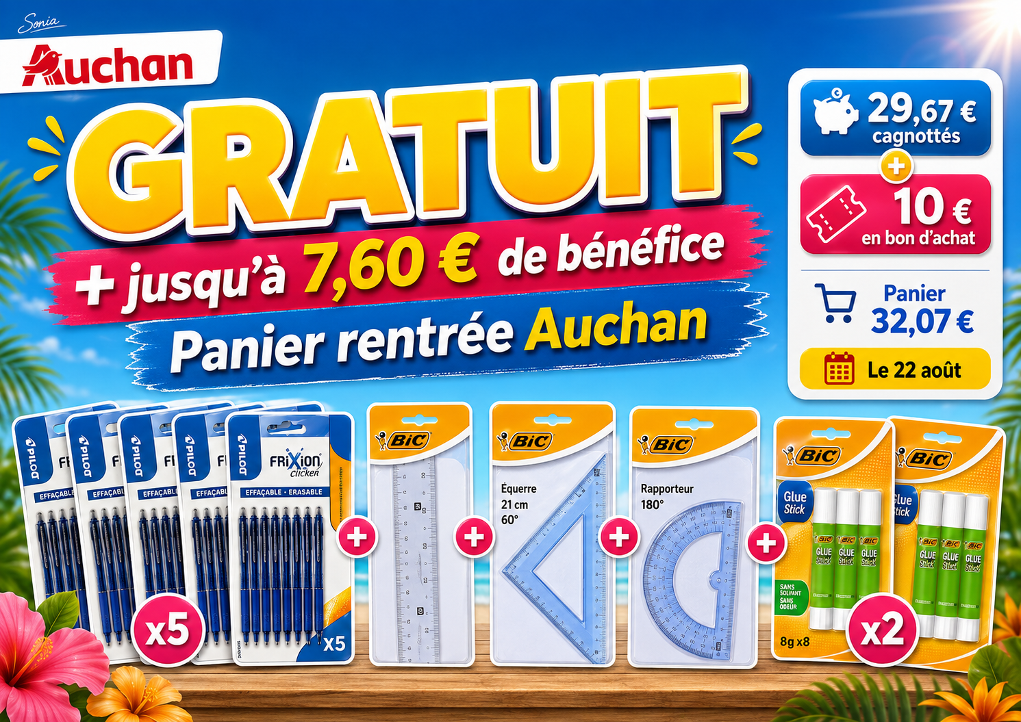 panier-rentree-auchan-gratuit-benefice-7-60-euros-banniere..pngPanier rentrée Auchan potentiellement gratuit avec fournitures Pilot et BIC, 29,67 € cagnottés et 10 € en bon d’achat, soit jusqu’à 7,60 € de bénéfice
