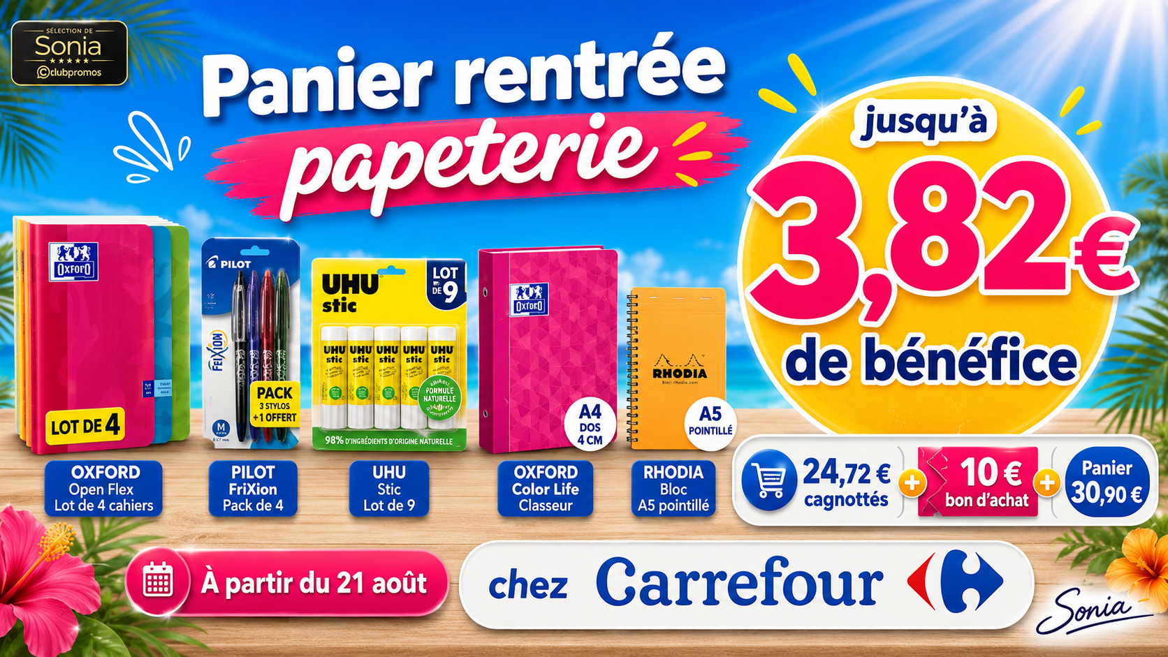 Panier rentrée Carrefour avec fournitures Oxford, Pilot FriXion, UHU et Rhodia : panier de 30,90 € avec 24,72 € cagnottés et 10 € en bon d’achat, soit potentiellement gratuit avec jusqu’à 3,82 € de bénéfice