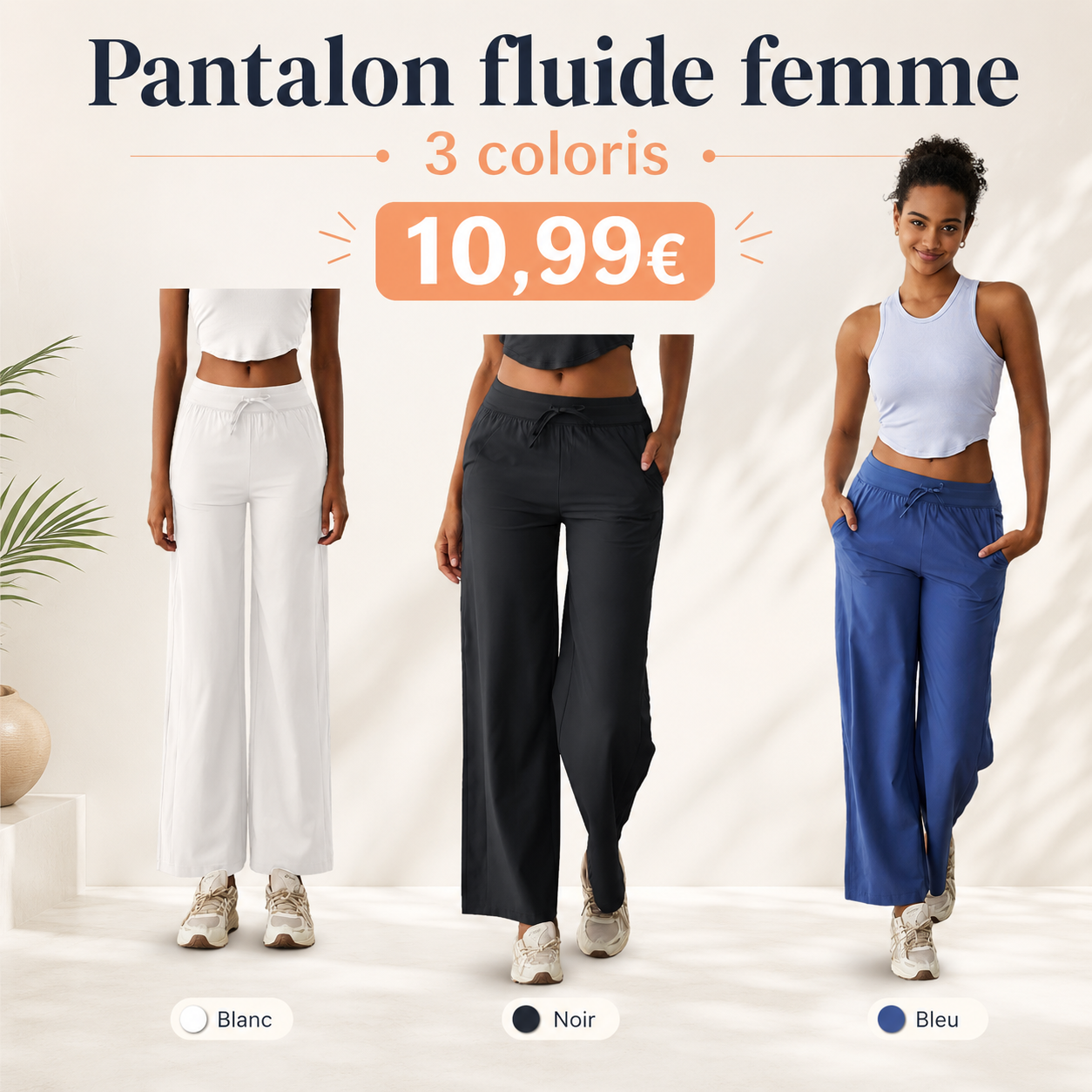 ]Pantalon femme fluide large taille élastique avec poches disponible en noir, blanc et bleu à 10,99€ sur Amazon