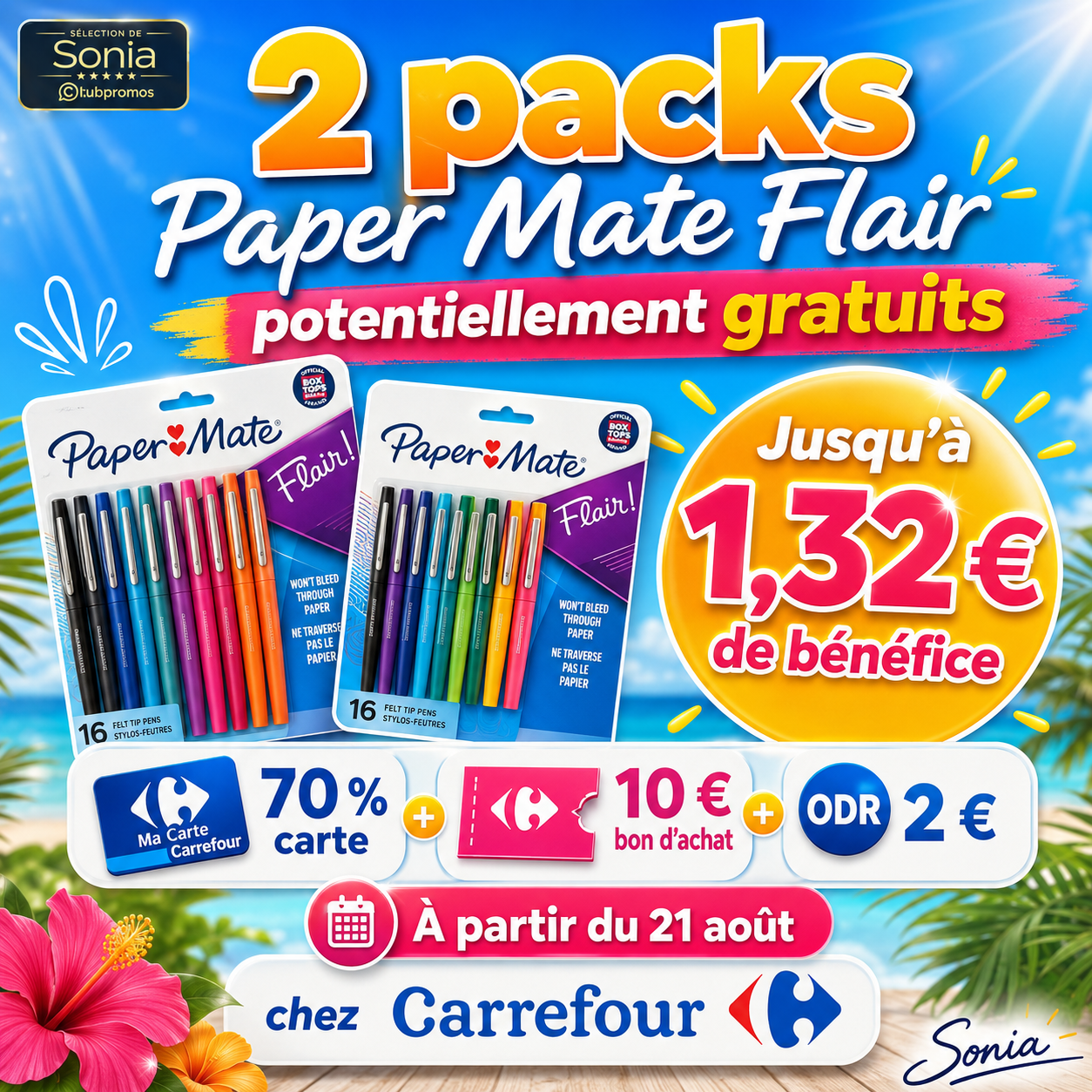 : Deux packs Paper Mate Flair potentiellement gratuits avec jusqu’à 1,32 € de bénéfice chez Carrefour grâce au cumul de 70 % sur la Carte Club, d’un bon d’achat de 10 € et d’une ODR de 2 €.