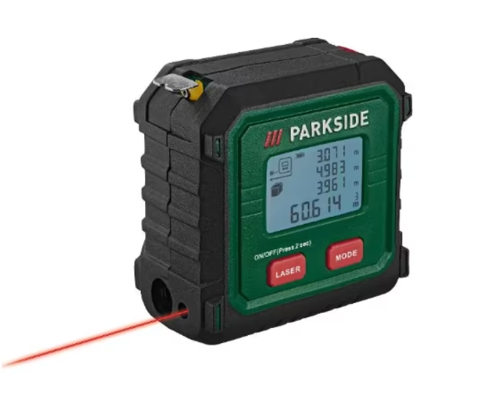 Visuel promo Lidl du télémètre laser PARKSIDE PLMB C3 : portée 0,125–50 m, précision ±2 mm, mètre ruban 3 m, écran LC rétroéclairé, prix 14,99 €, remise -25%, boîtier robuste avec clip ceinture.