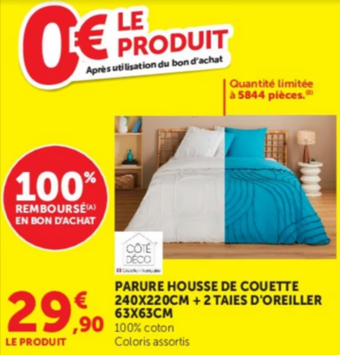 Parure de lit 240x220 cm avec 2 taies d’oreiller assorties en coton 100 %, disponible en magasins U, offre via bons d’achats du 19 au 31 mai 2026.