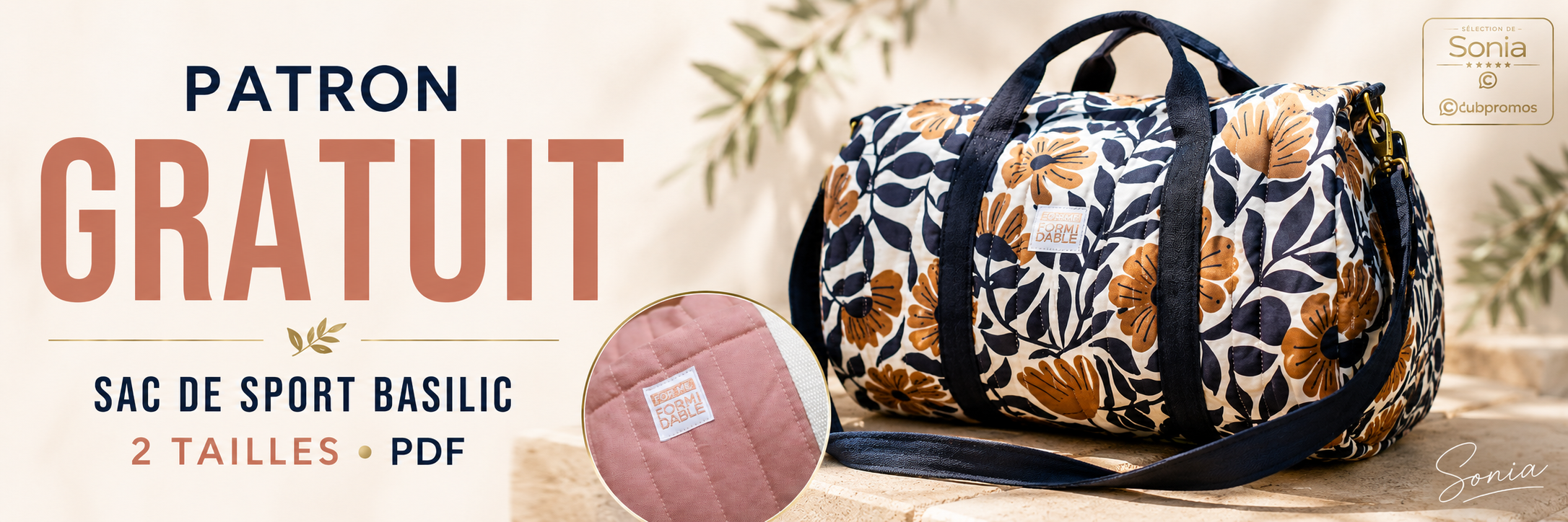 Bannière du patron gratuit à 0 € du sac de sport Basilic Klafoutis disponible en deux tailles