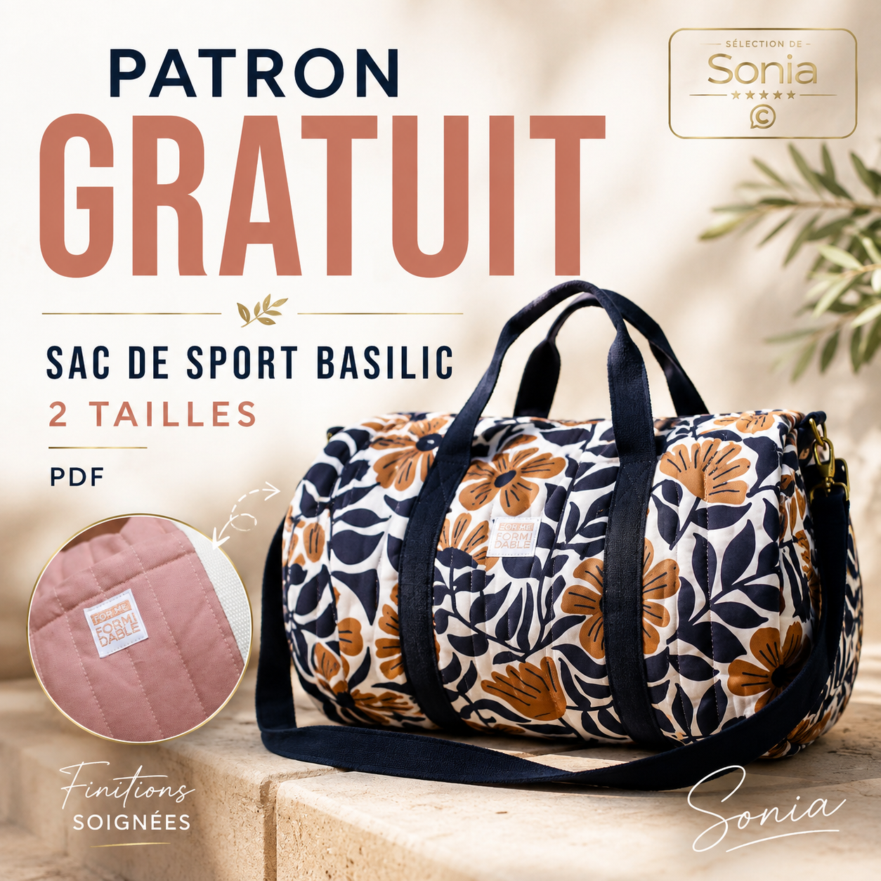 Patron gratuit à 0 € du sac de sport Basilic Klafoutis disponible en PDF avec deux tailles de sac