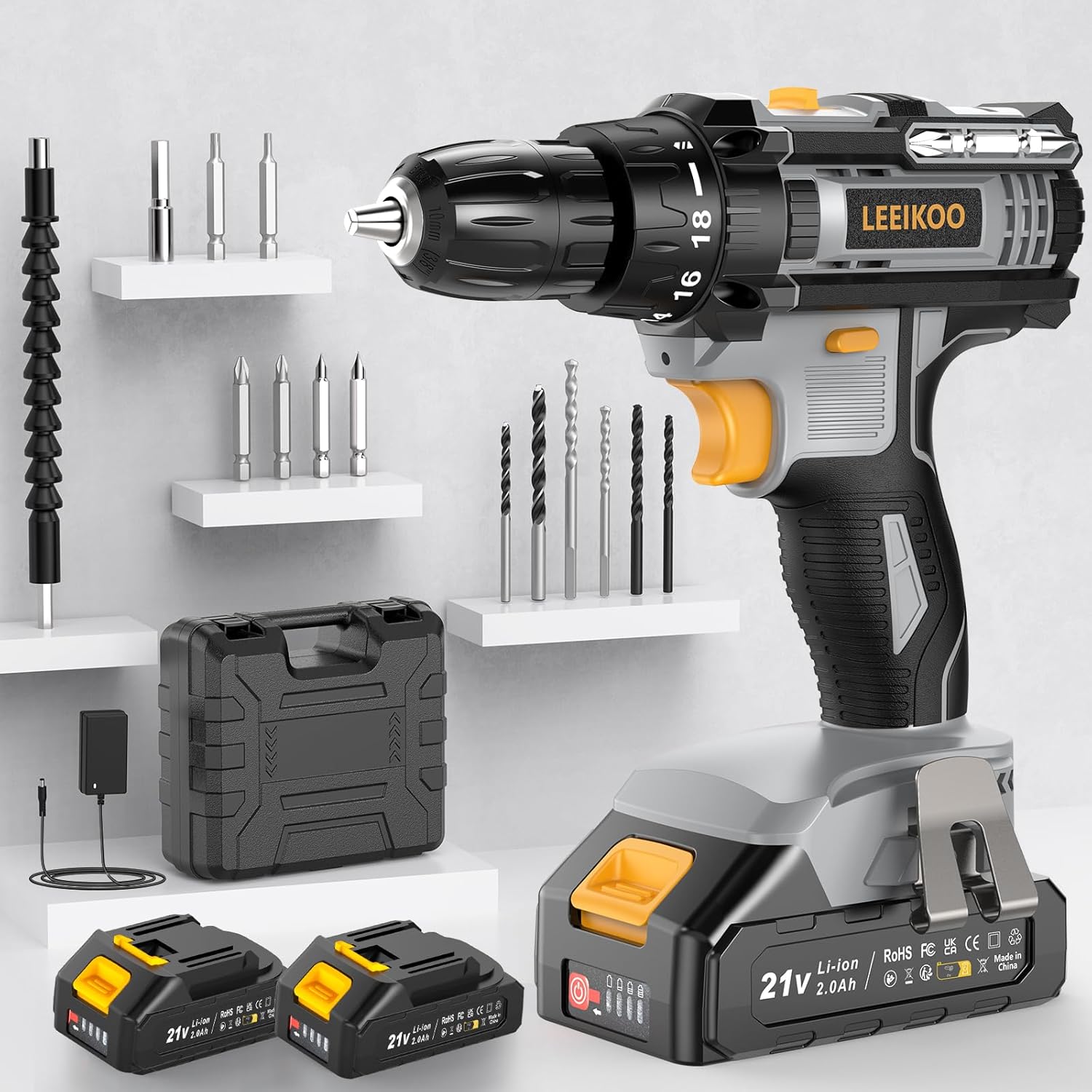 Perceuse-visseuse sans fil LEEIKOO 21V – 42 Nm, 2 batteries 2.0 Ah, coffret 14 accessoires, LED intégrée, 2 vitesses, poignée ergonomique, idéale bricolage.