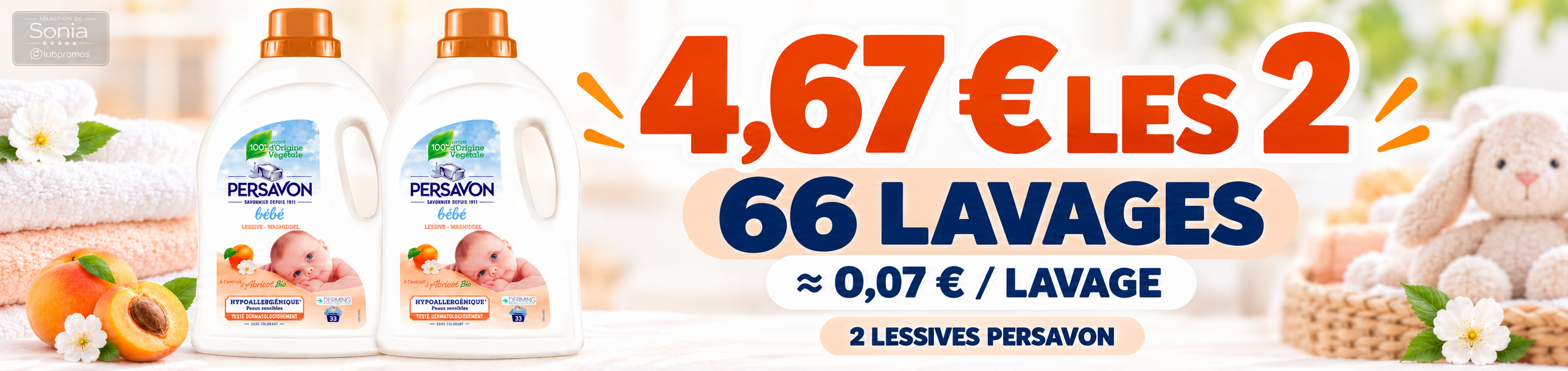 Deux bidons Persavon 33 lavages pour 4,67 € chez Auchan avec 66 lavages au total et environ 0,07 € par lavage