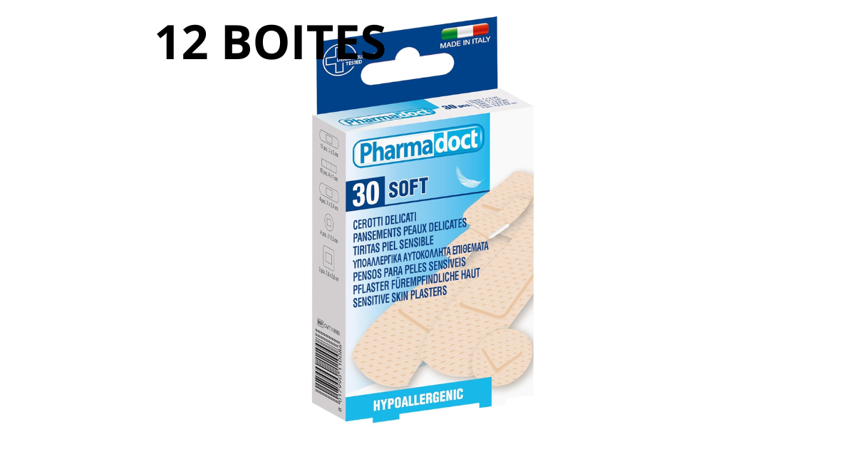 Lot de 12 boîtes de pansements hypoallergéniques Pharmadoct comprenant 360 pansements en 5 tailles assorties en promotion à 7,23€ sur Amazon.