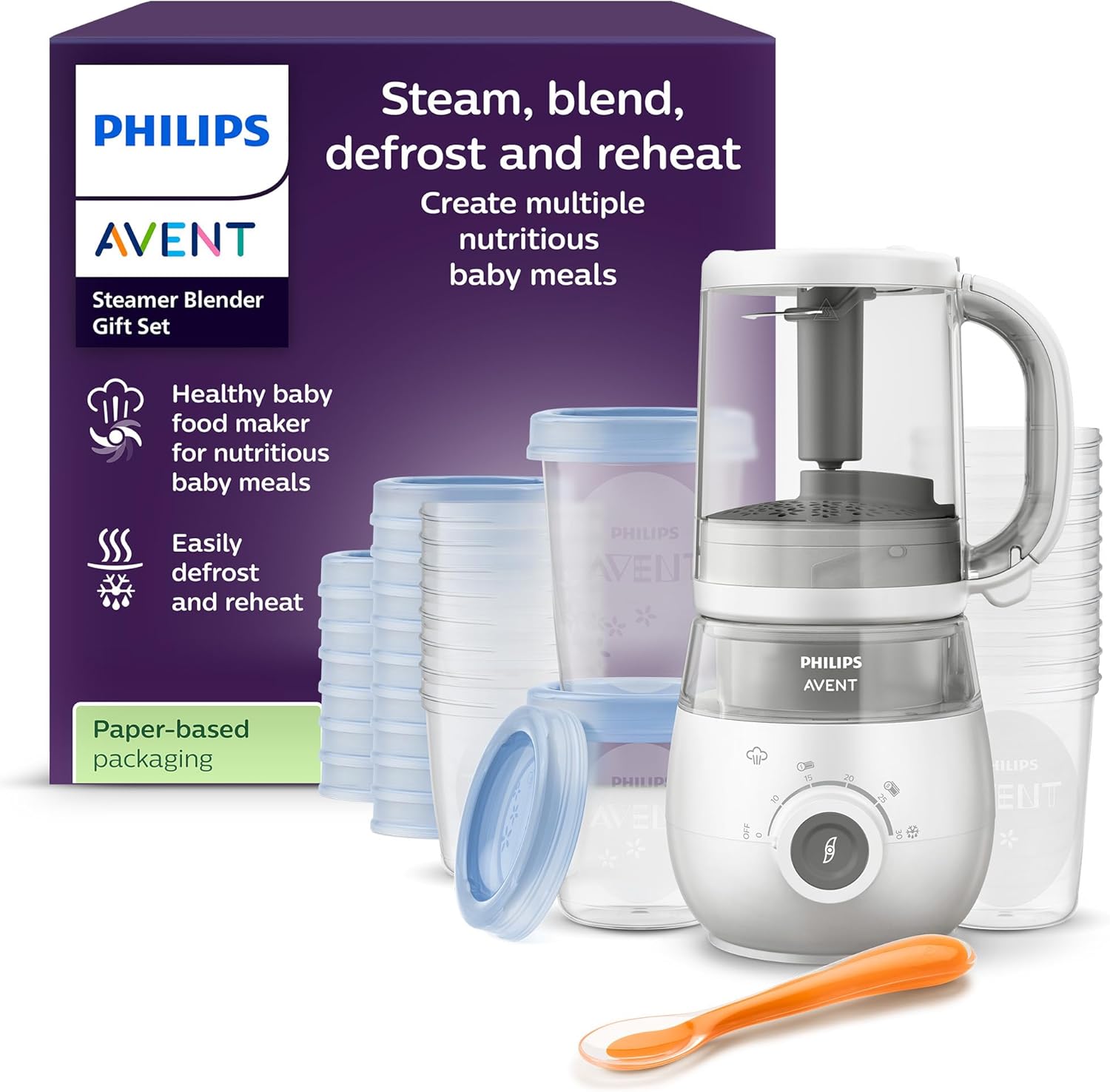 Robot cuiseur-vapeur et mixeur Philips Avent SCF883/20 pour bébé, appareil 4-en-1 cuisson vapeur mixage réchauffage décongélation avec pots de conservation, offre Amazon à 79,99€.