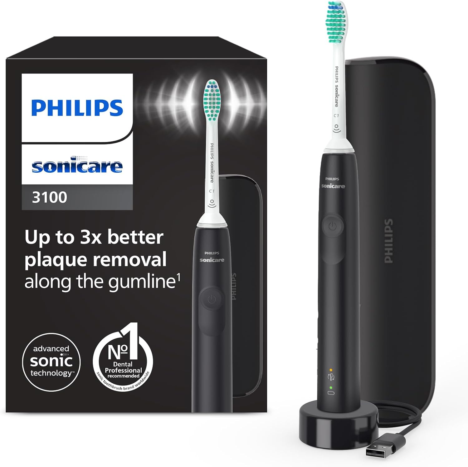  Brosse à dents électrique Philips Sonicare 3100 noire avec capteur de pression, minuterie 2 minutes, technologie sonique 62 000 mouvements/min, étui de voyage – promo Amazon été 2025