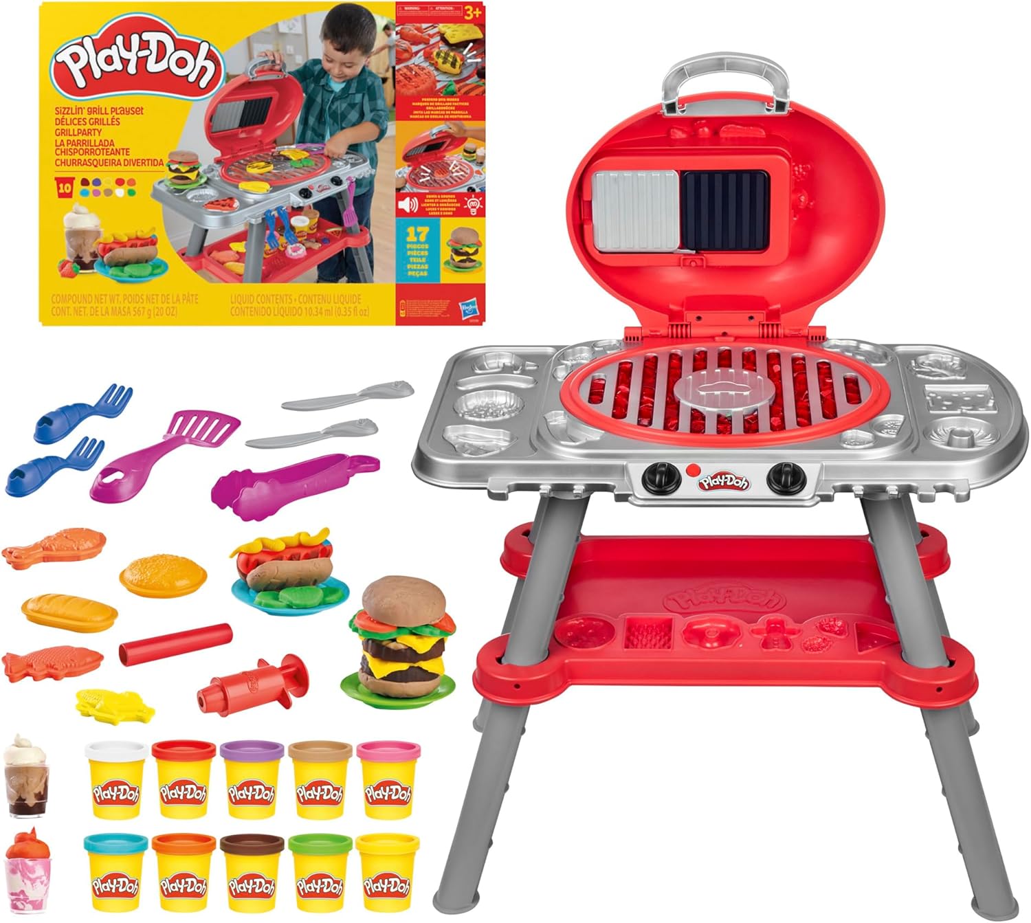 : Play-Doh Délices grillés – gril interactif avec sons et lumières, tampons marques de gril, 17 accessoires, 10 pots, promo Amazon 39,99€.
