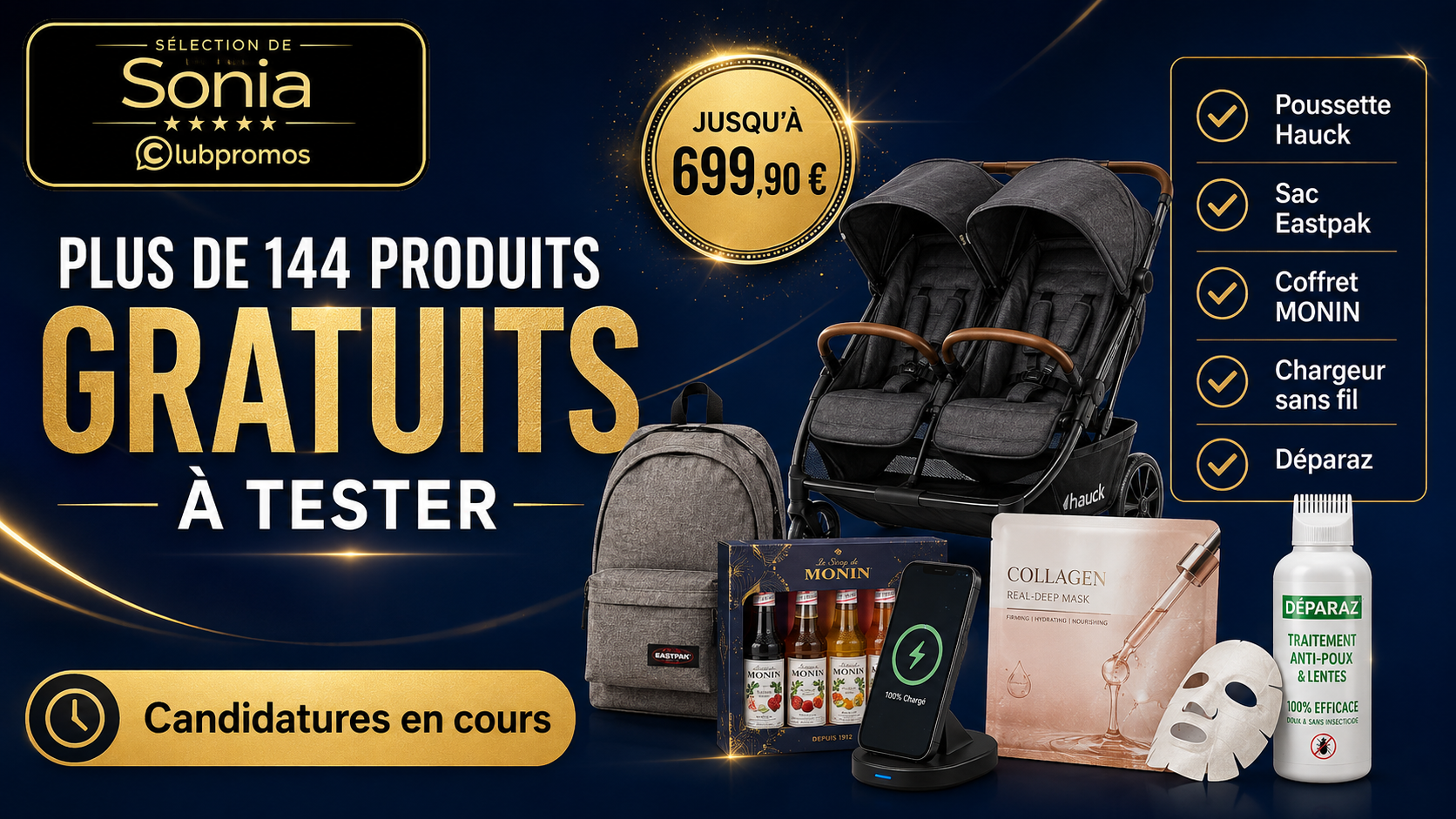 Plus de 144 produits gratuits à tester avec poussette Hauck jusqu’à 699,90 €, sac Eastpak, coffret MONIN, chargeur sans fil et Déparaz, candidatures en cours.