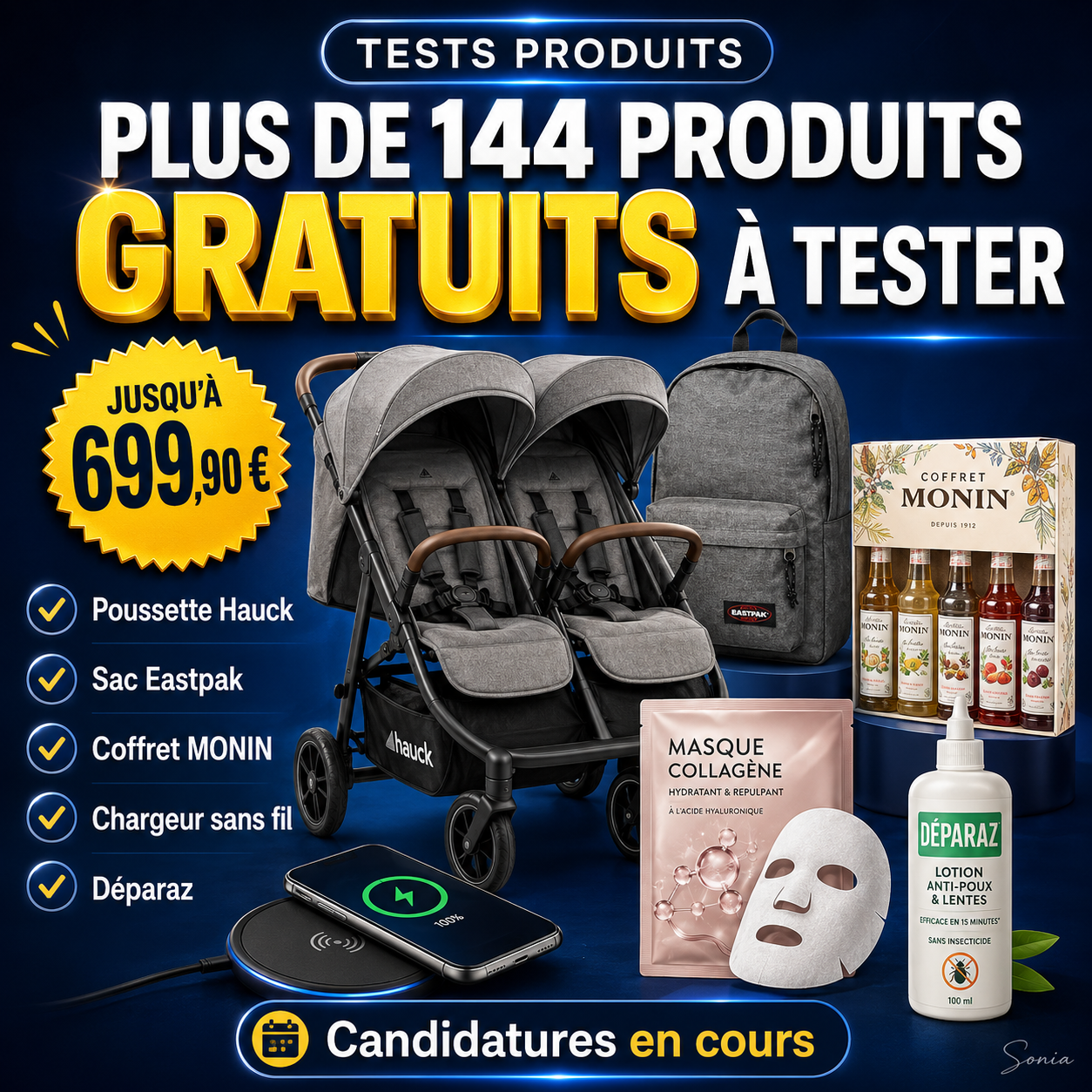 Plus de 144 produits gratuits à tester : poussette Hauck, sac Eastpak, coffret MONIN, chargeur sans fil, masque au collagène et Déparaz.