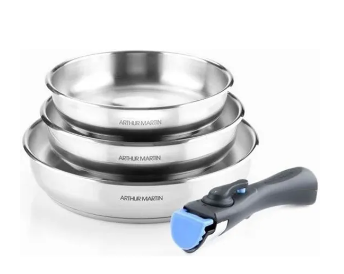  Lot de 3 poêles inox Arthur Martin AM1410 avec poignée amovible – 20, 24 et 26 cm – Tous feux dont induction – Compatible lave-vaisselle – Bon plan Cdiscount à 39,99€