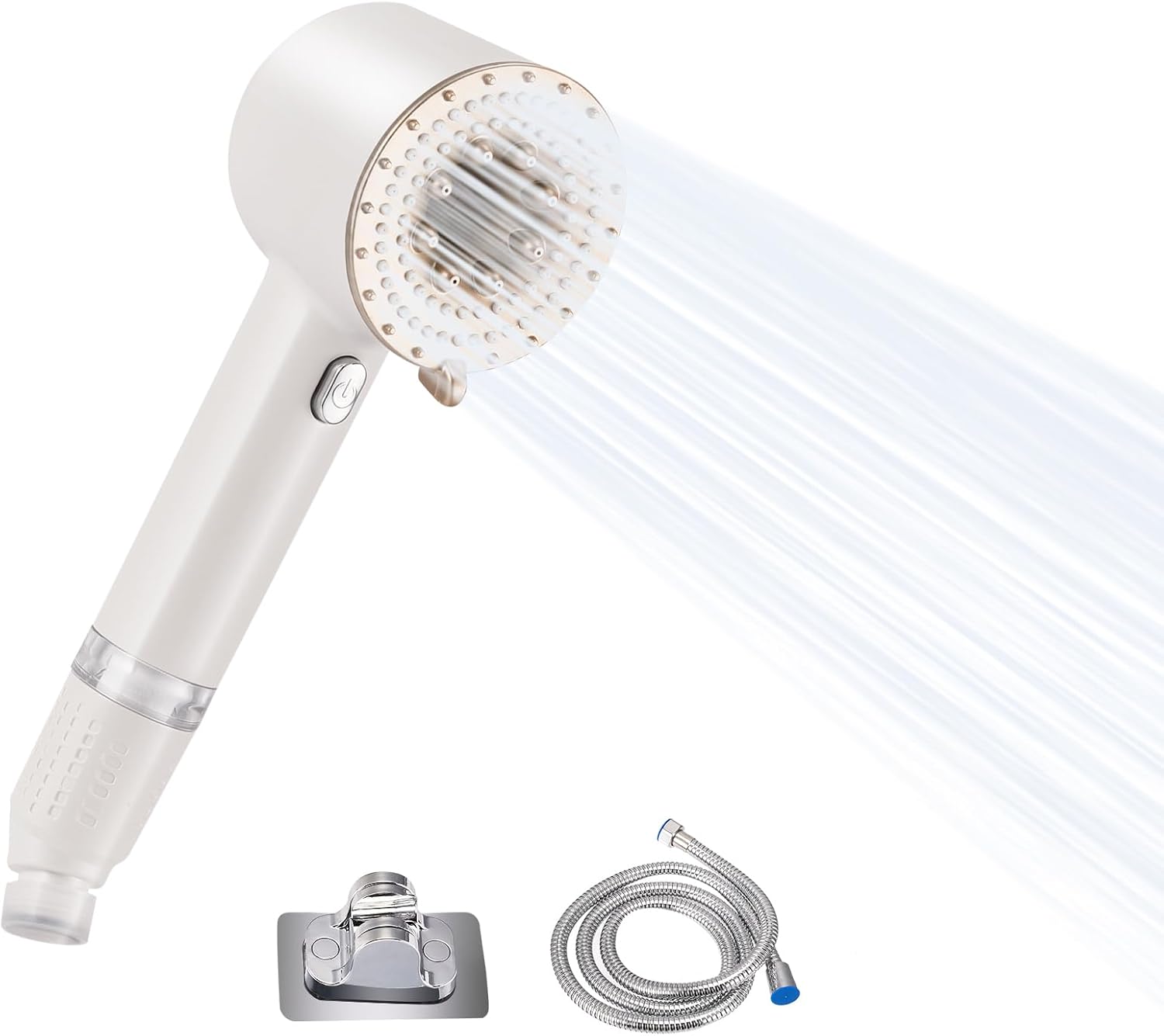 Pommeau de douche filtrant haute pression, 3 modes (pluie/puissant/mixte), tuyau 1,5 m, sélection par bouton, matériau ABS, réduction odeurs/chlore, installation universelle 1/2