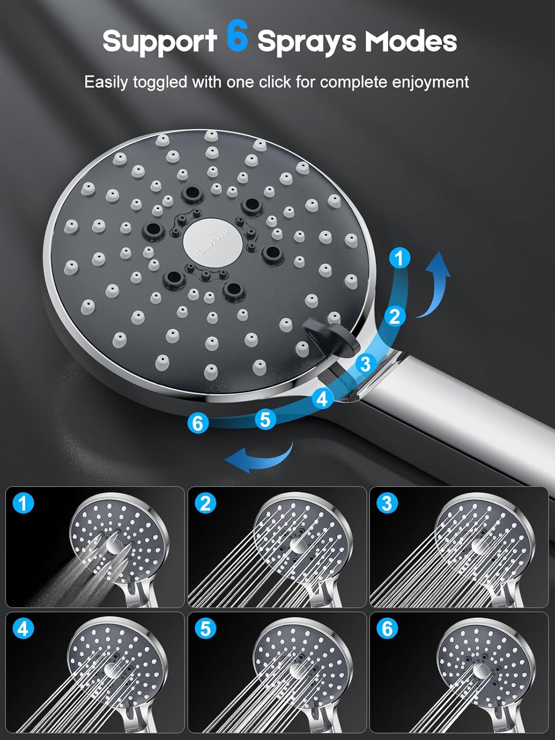 Pommeau de douche anti-calcaire YEAUPE PRO à haute pression, 6 modes – Idéal pour zones à eau dure et usage familial, design chromé léger et durable – Bon plan Amazon