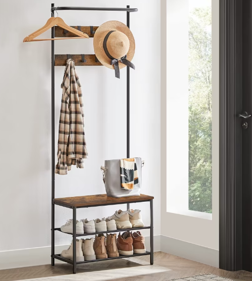 Porte-manteaux avec Banc et étagères à chaussures HSR411B01 - 9 Crochets Amovibles, Tringle, 3...png