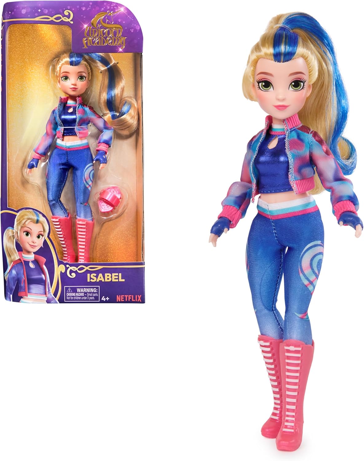 Poupée mannequin Isabel de 24 cm Unicorn Academy avec 6 accessoires, inspirée de la série Netflix, en promotion sur Amazon. Jouet fille dès 4 ans.