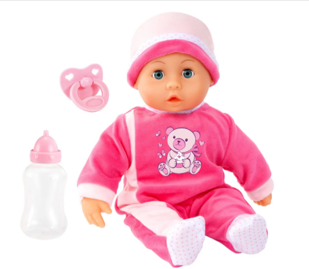 Poupon interactif Bayer First Words Baby 38 cm, yeux dormeurs, 24 sons de bébé, avec tétine et biberon, vendu chez Lidl