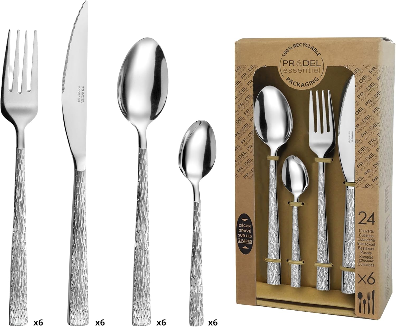 Ménagère Pradel Essentiel Silex – 24 couverts inox 18/0 (fourchettes, couteaux microdentés, cuillères, cuillères à café) – finition standard – compatible lave-vaisselle – promo Amazon 14,49€