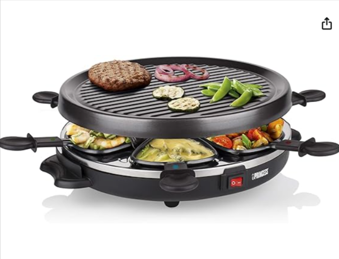 Appareil à raclette Princess 162725, 6 coupelles incluses, plaque de pierre à cuire pour des repas conviviaux.