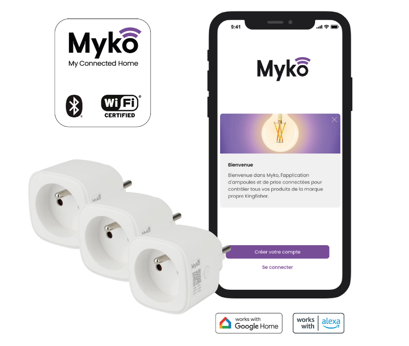 Lot de 3 prises connectées Wi-Fi Jacobsen Myko avec mesure de consommation électrique, contrôle à distance via application, compatible Alexa et Google Home, déstockage Castorama à petit prix.