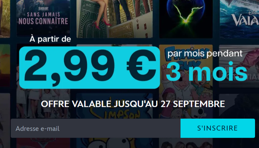 Visuel promotionnel Disney+ France mettant en avant l’offre spéciale septembre 2025 – 2,99€/mois pendant 3 mois pour l’abonnement Standard avec publicités, valable pour nouveaux et anciens abonnés éligibles, avec logos Disney, Marvel, Pixar, Star Wars et National Geographic.