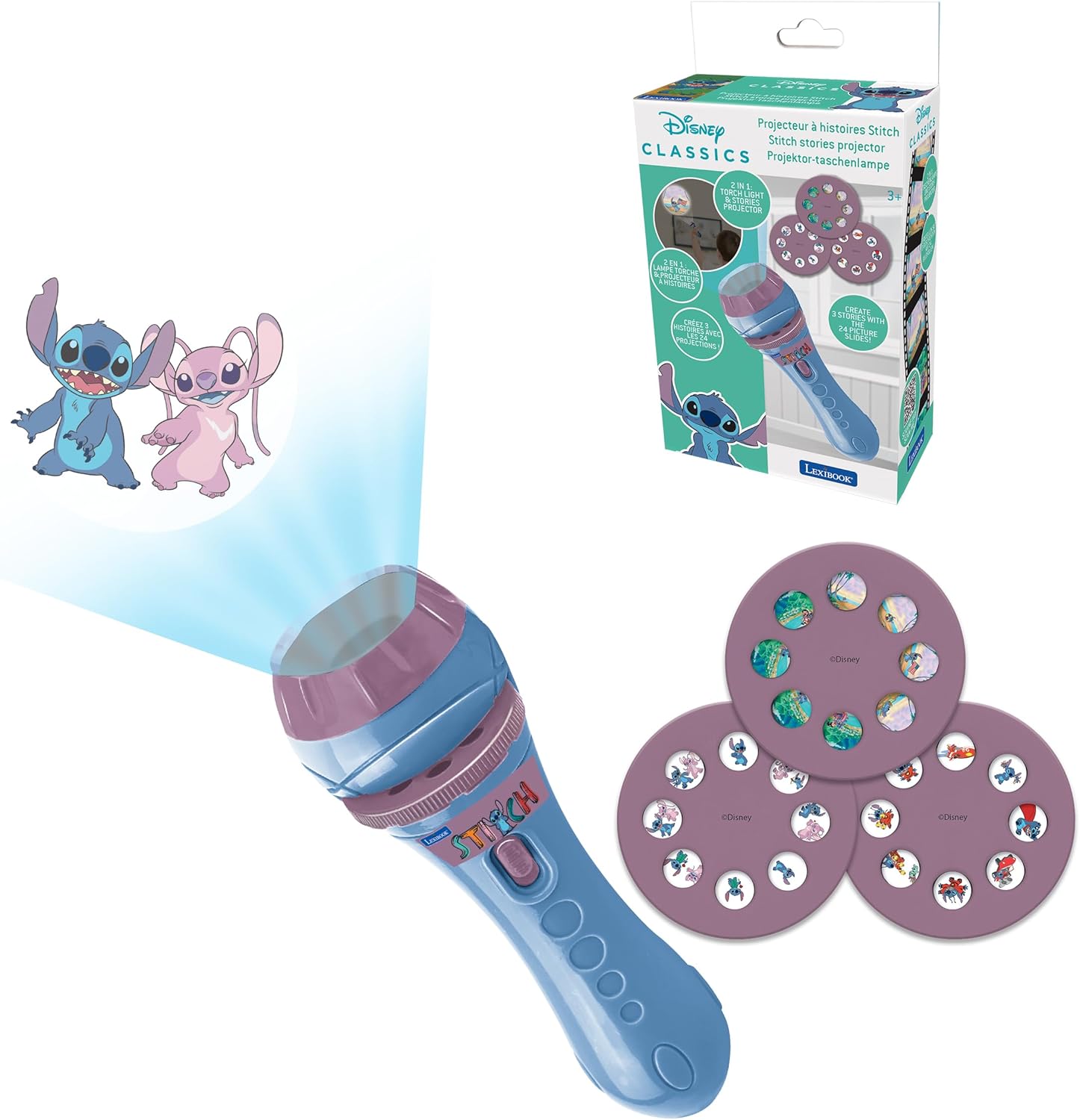 Projecteur d'histoires Disney Stitch Lexibook, 24 images à projeter, lampe torche et projecteur 2-en-1, idéal pour les enfants
