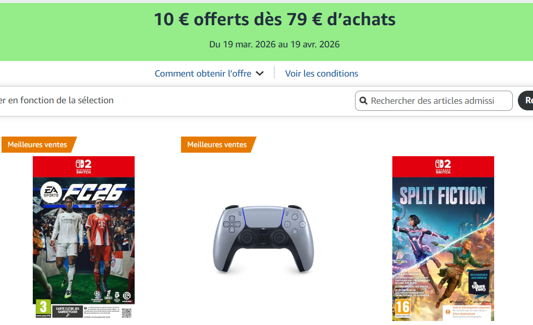 Promotion Amazon 10 euros offerts dès 79 euros d'achats sur articles sélectionnés, valable du 19 mars au 19 avril 2026, remise automatique au panier.