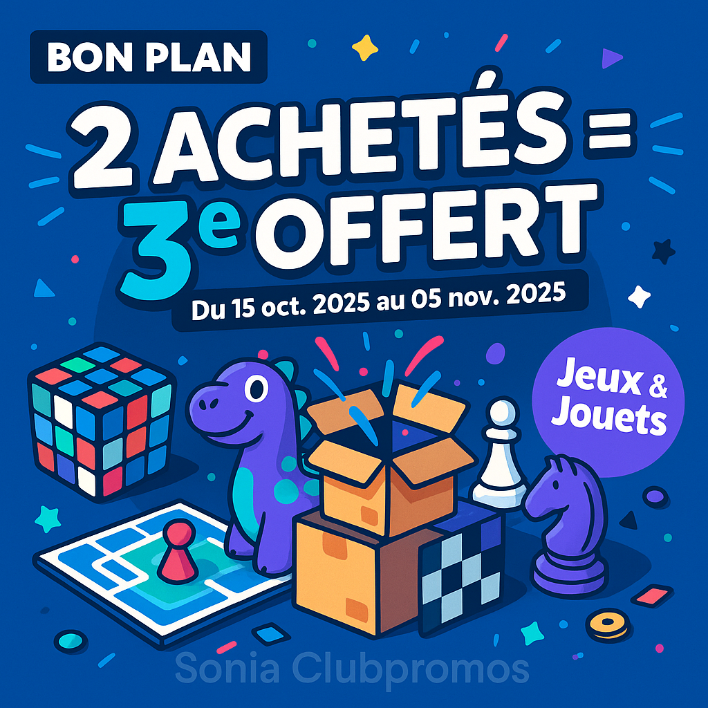 Opération Amazon jeux et jouets : deux articles achetés, le troisième offert (le moins cher) – plus de 500 références éligibles, période du 15 octobre 2025 au 05 novembre 2025, exemples Janod, Asmodee, Gigamic, IELLO, Blue Orange, Nathan, Ravensburger, livraison Prime fréquente, idées cadeaux et Noël.